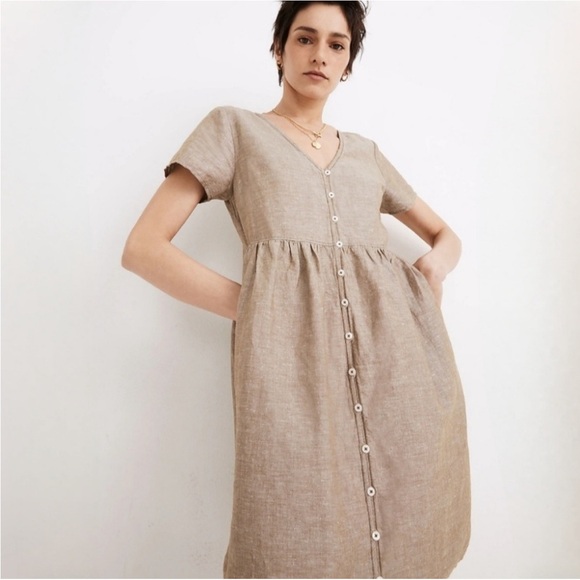 Madewell Linen-Blend Alexandra Button-Front Short Sleeves Dress Size S - Picture 1 of 8